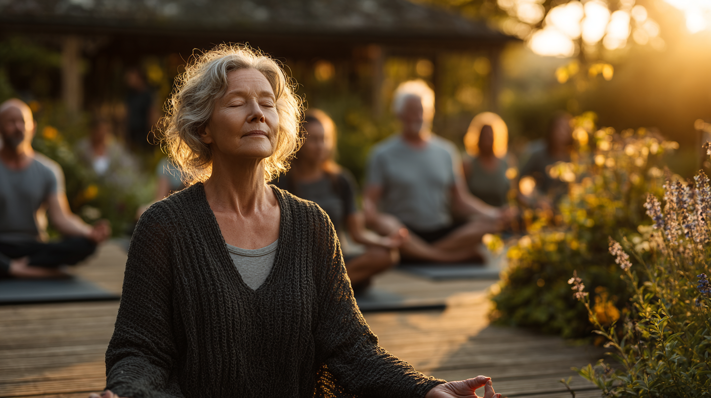 Група людей старшого віку виконує йогу в парку